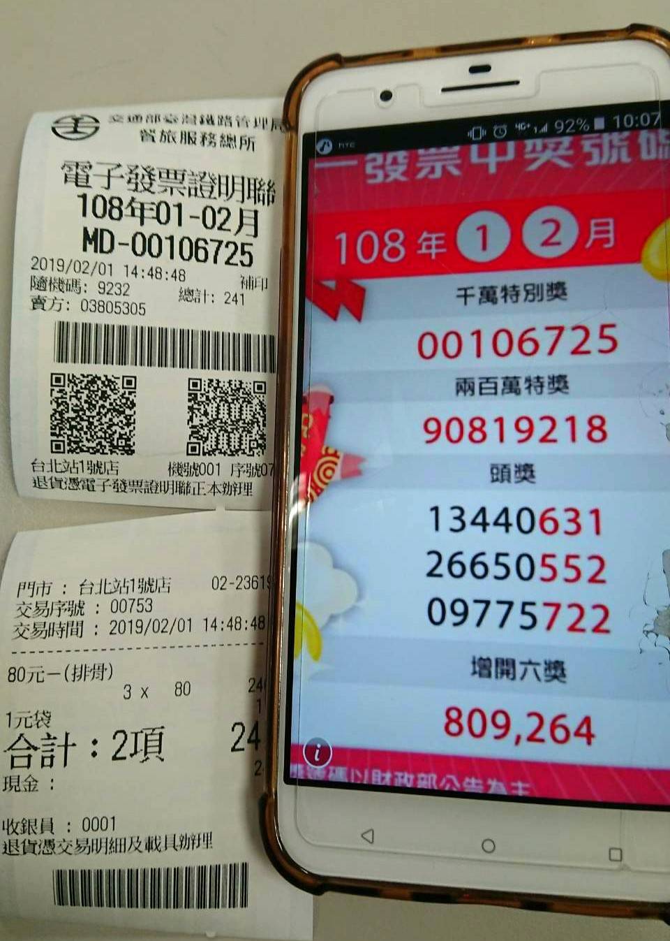 台灣鐵路局今（30）日表示，1000萬幸運得主是2月1日下午在台北車站買3個排骨便當外加1個袋子的民眾 圖：台灣鐵路管理局提供