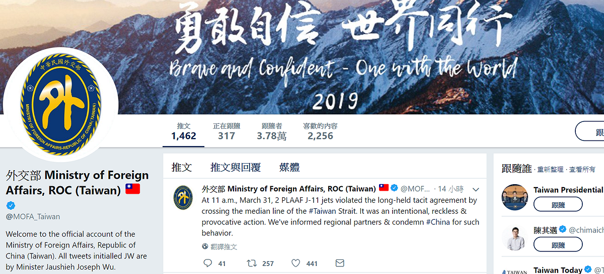 外交部在推特上，針對共軍越台海行為發表立場，並譴責此行為。 圖：翻攝自外交部Twitter