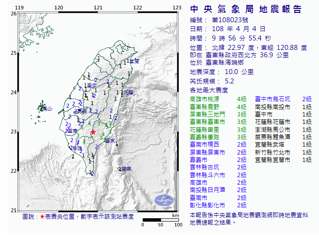 今（4）日9時56分台東縣政府西北方36.9公里，發生芮氏規模5.2地震。 圖：截自中央氣象局