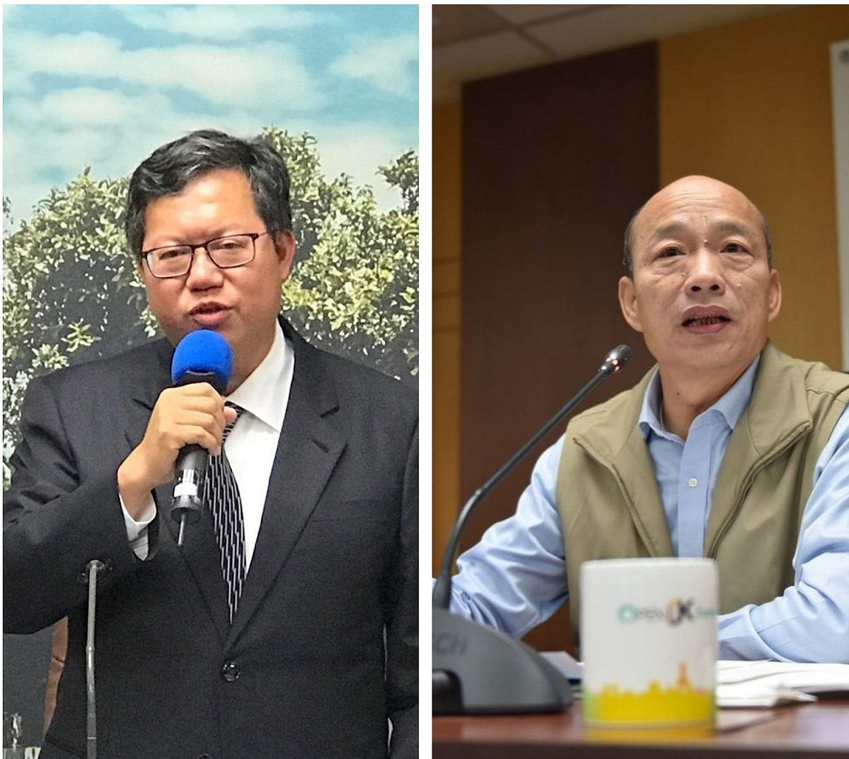 國民黨桃園市議員詹江村日前發起了一項投票活動，將桃園市長鄭文燦（左）與高雄市長韓國瑜（右）擺在一起，詢問民眾誰的表現出色。 圖：新頭殼製作。