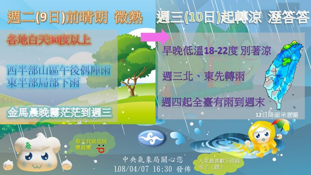 周三起天氣將會有所轉變。 圖／取自氣象局臉書