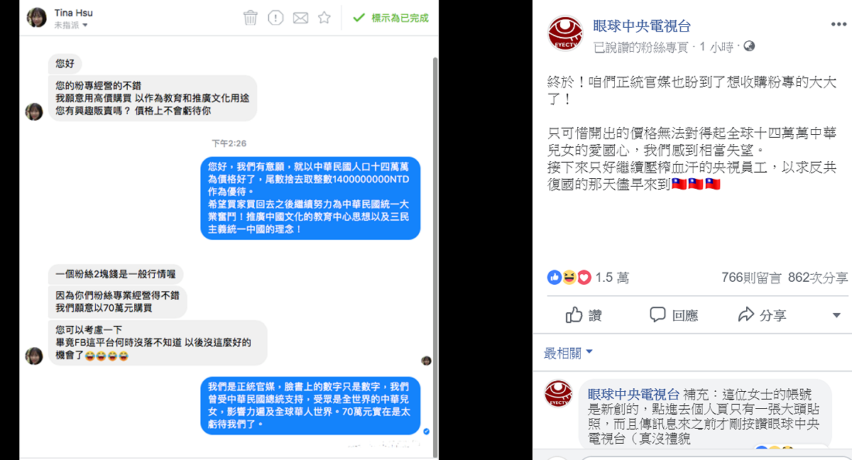 最近吹起收購台灣臉書粉絲專頁的風潮，網路瘋傳是因為中共網軍企圖干涉2020大選。擁有20萬粉絲數的「眼球中央電視台」粉絲專頁發文表示，有網友想傳訊息想以台幣70萬元收購。 圖：翻攝自眼球中央電視台臉書