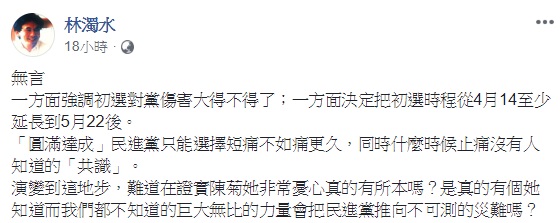 針對民進黨總統初選延後，黨內新系大老林濁水質疑，真的有個「她」知道，而我們都不知道的巨大無比的力量，會把民進黨推向不可測的災難嗎？ 圖：翻攝自林濁水臉書