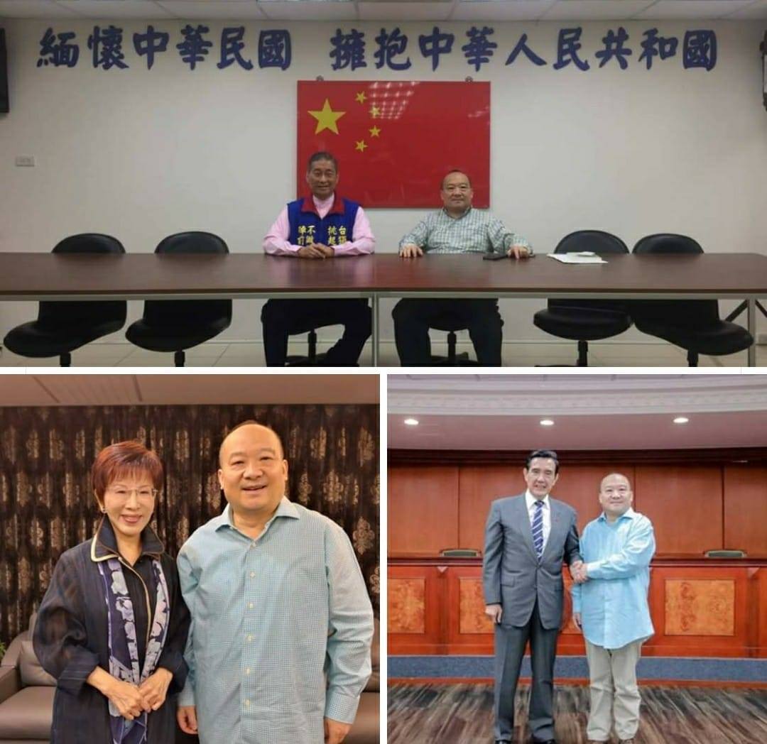 桃園市議員王浩宇於臉書貼出武統學者李毅來台會面照，包含馬英九、洪秀柱、張安樂等人皆曾與其打過照會，馬英九甚至熱情地握住了他的手。 圖：翻攝自王浩宇臉書