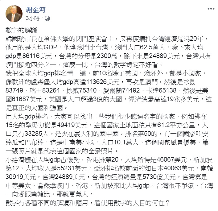財訊傳媒董事長謝金河16日在臉書撰文「數字的解讀」，對「台灣經濟鬼混20年」提出不同解讀，意有所指點出：「數字有各種不同的解讀和應用，看使用數字的人目的何在？」 圖：翻攝謝金河臉書