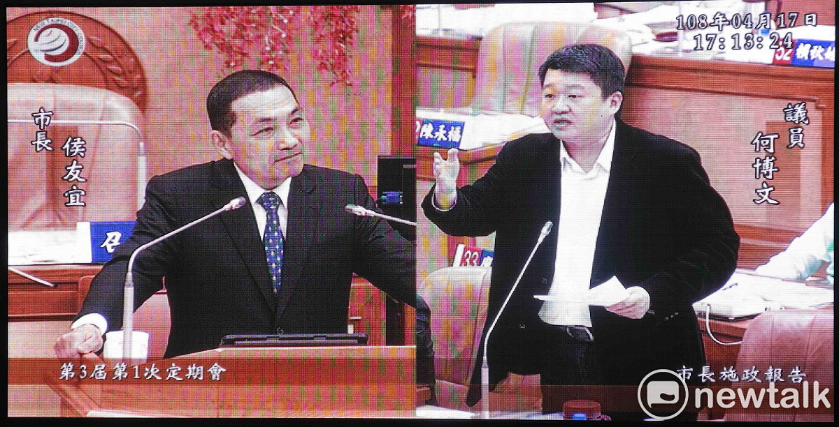 新北市長侯友宜今天一再被追問挺朱立倫或郭台銘參與總統初選，堅持不表態；民進黨團總召何博文「支持」侯友宜堅持不表態，要求侯專心市政。 圖：王峻昌/攝