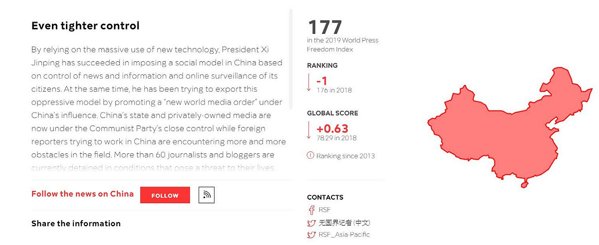 無國界記者組織公布《2019全球新聞自由指數》報告，以「黑洞」形容中國媒體環境。 圖 : 翻攝自無國界記者組織