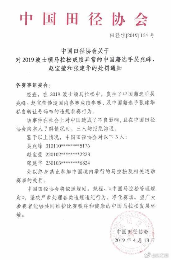 18日，中國田徑協會發布了《關於對2019波士頓馬拉松成績異常的中國籍選手吳兆峰、趙寶瑩和張建華的處罰》的通知。 圖：翻攝自微博