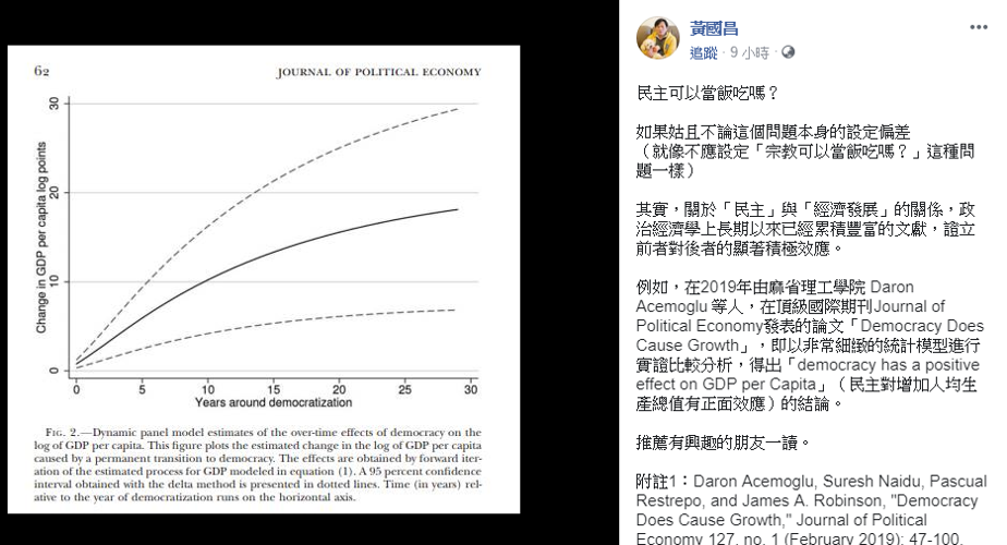 X軸為「民主化時間」；Y軸為「人均GDP」，圖中清楚可見民主與人均GDP是呈現正面關係，越民主就能產生越高的GDP。 圖：擷自黃國昌臉書