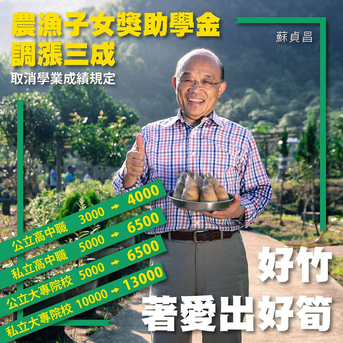 行政院長蘇貞昌今(20)日宣布將「農漁子女獎助學金」增加三成，且刪除現行的成績門檻。 圖：取自蘇貞昌臉書