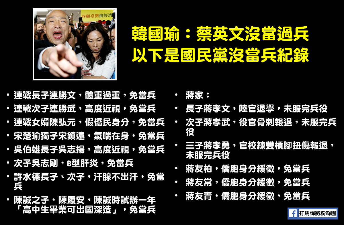 臉書粉專「打馬悍將粉絲團」整理出一份國民黨家屬沒當兵的名單。 圖：翻攝自打馬悍將粉絲團