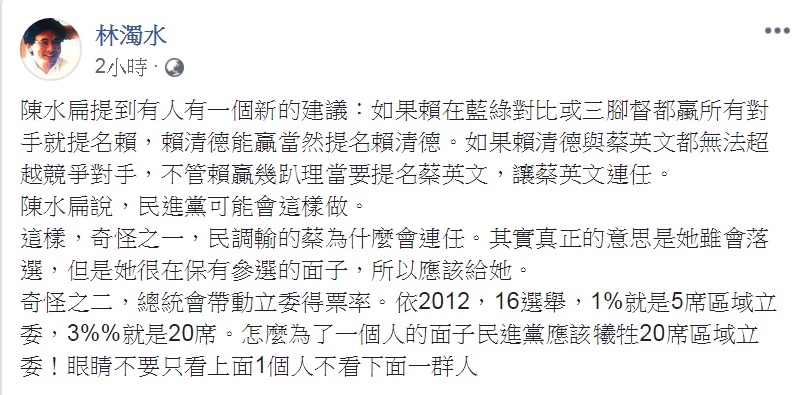 林濁水臉書提出「2個奇怪」，要民進黨「眼睛不要只看上面一個人，不看下面一群人」。 圖：翻攝林濁水臉書