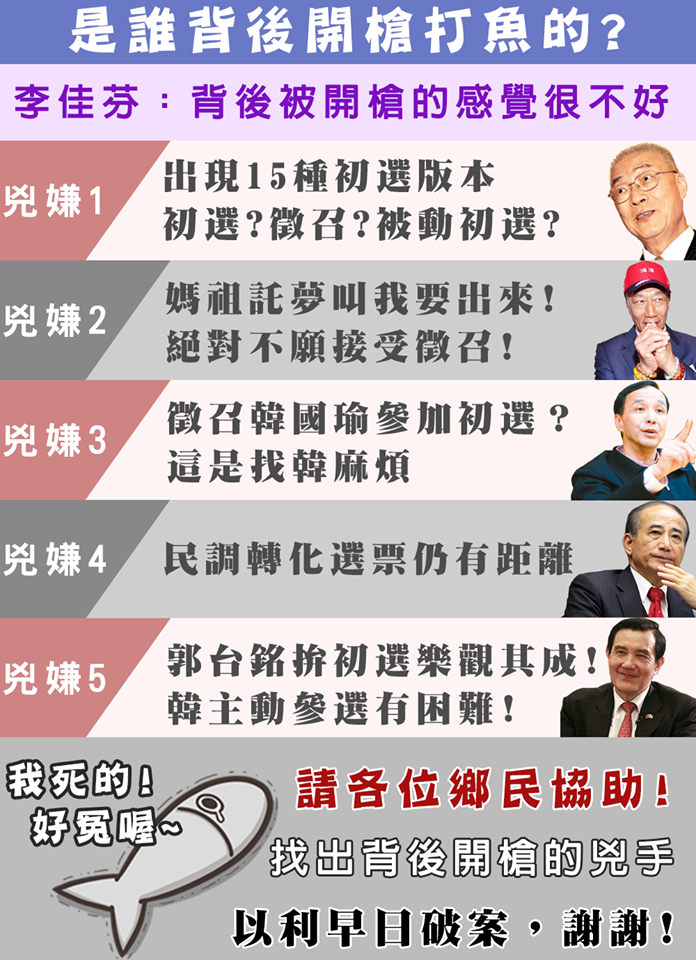 李佳芬22日一句「背後被開槍的感覺很不舒服」。到底是誰「在背後開槍」？臉書粉專《只是堵藍》列出5名「兇嫌」。 圖：翻攝只是堵藍臉書