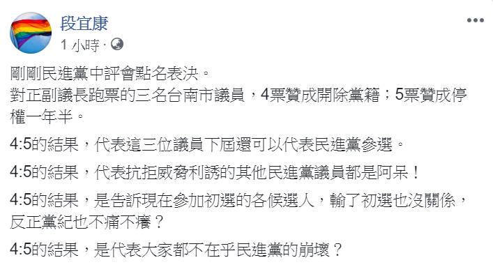 民進黨立委段宜康不滿地在臉書批評，「這個結果是代表大家都不在乎民進黨的崩壞？」 圖：擷自段宜康臉書