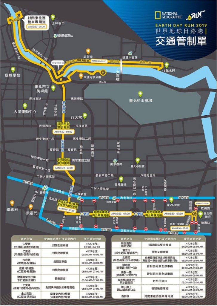 「2019世界地球日路跑」28日登場，活動預計有2萬人參加，賽道沿線將配合實施交管，提醒用路人留意改道。 圖：台北市警察局交通警察大隊提供