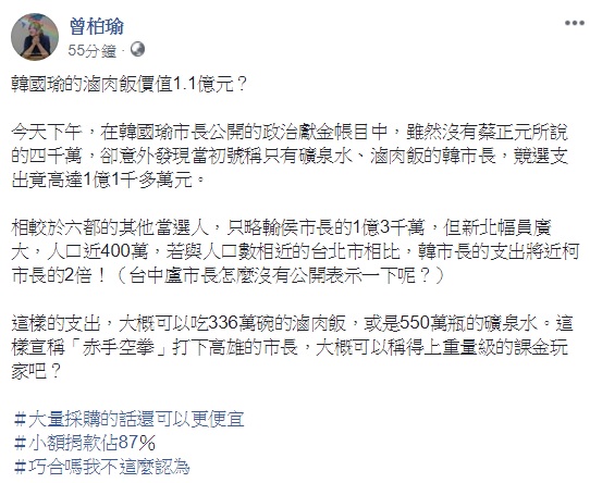 曾代表時代力量參選新北市議員的曾柏瑜認為，韓國瑜所公布的政治獻金冠六都，難道韓國瑜的滷肉飯價值1.1億元？ 圖：擷取自曾柏瑜臉書