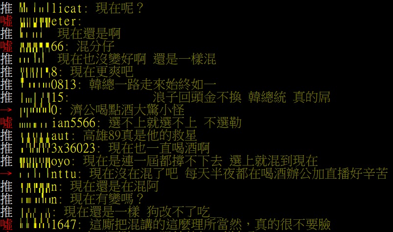高雄市長韓國瑜自承當立委時混很兇，每天花天酒地，網友則回應，韓總一路走來始終如一。 圖：翻攝自批踢踢