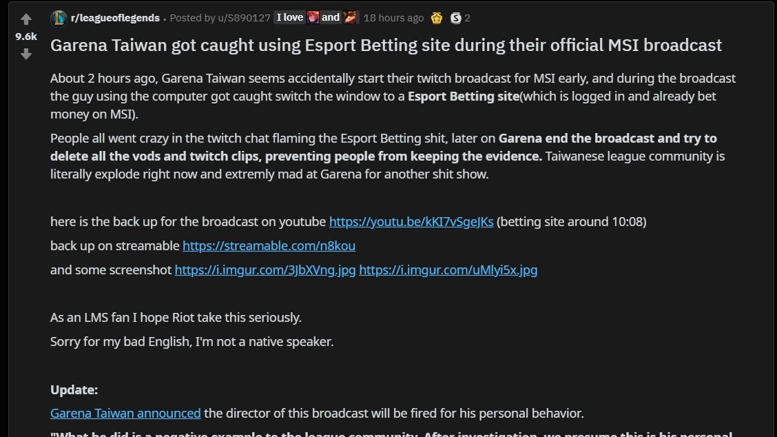 Reddit網友熱烈討論Garena直播出包事件。 圖：翻攝自Reddit