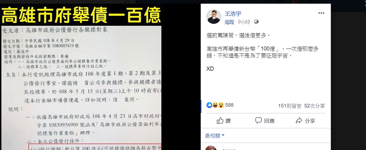 議員王浩宇在臉書上張貼高市府舉債金額，諷刺選前罵陳菊 選後借更多。 圖：翻攝自王浩宇臉書