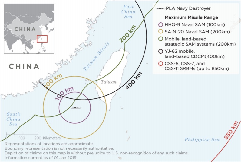 《2019中國軍力報告》圖解對台造成威脅的各式飛彈涵蓋範圍。 圖：翻攝《2019中國軍力報告》