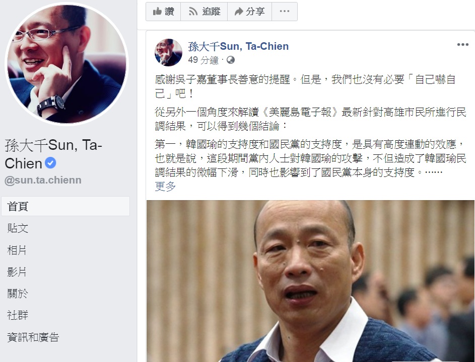 國民黨前立委孫大千臉書PO文，從「另外一個角度解讀」韓國瑜在主政的高雄輸給蔡賴，說：「沒有必要自己嚇自己」。 圖：翻攝孫大千Sun, Ta-Chien臉書