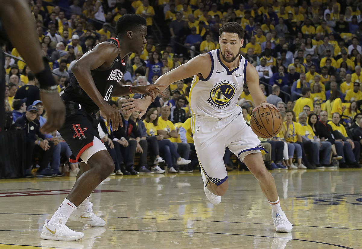 勇士射手手Klay Thompson(右)。 圖／美聯社／達志影像