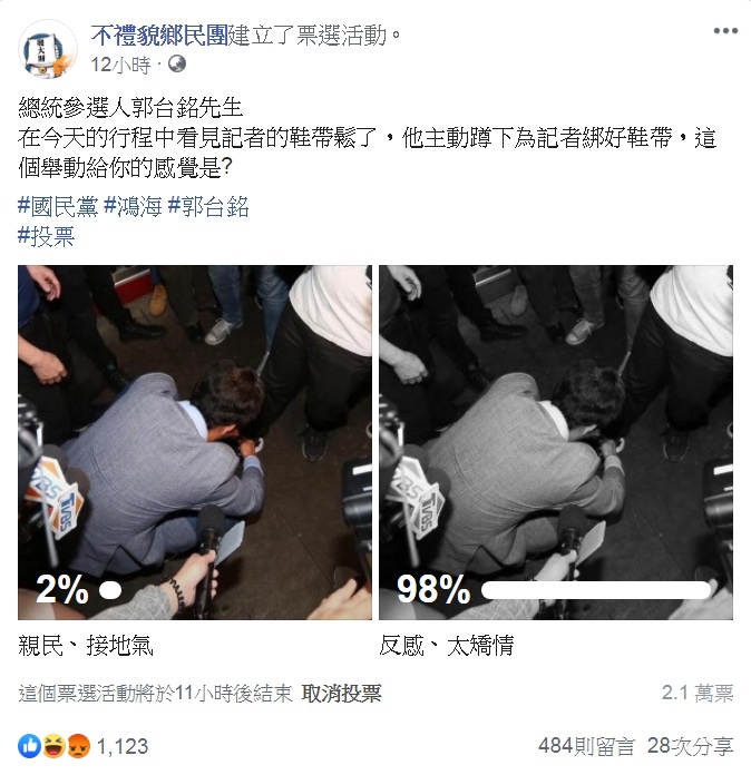 郭台銘幫記者綁鞋帶，臉書粉專發起投票，選「親民、接地氣」或「反感、太矯情」。 圖：翻攝不禮貌鄉民團臉書