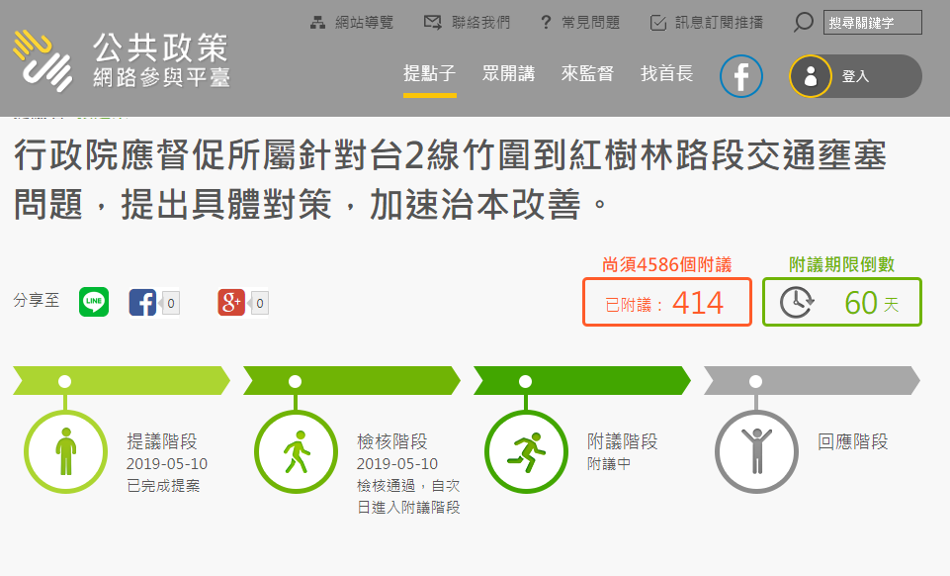 在地居民所組成的「支持淡北道路聯盟」對環評結果相當不滿，在昨(10)日至國發會公共政策網路參與平臺提案。 圖：擷自公共政策網路參與平臺