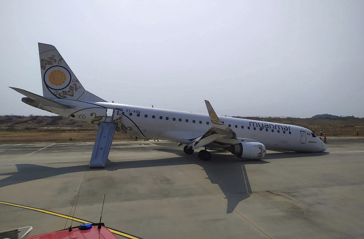 緬甸國家航空一架班機在12日因起落架故障，機師被迫用後輪與機鼻摩地降落。 圖：達志影像/美聯社