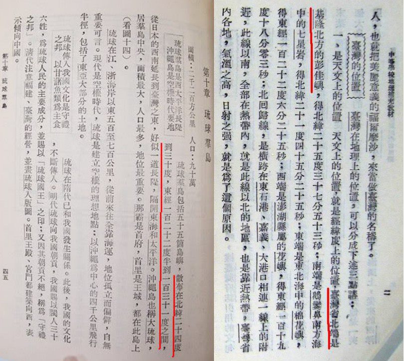 附圖2：戒嚴時代的中學地理課本裡，是將釣魚台列在琉球群島。
