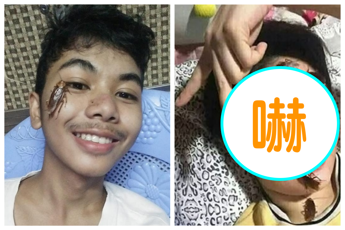 國外掀起一股「蟑螂挑戰」風潮，許多網友紛紛將蟑螂放在臉上自拍，讓人看了頭皮發麻。 圖／翻攝自臉書「106.9 Capital FM - Official」