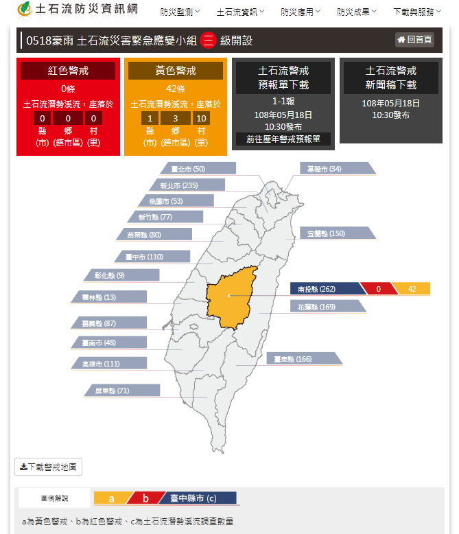 行政院農業委員會水土保持局上午10時30分針對南投縣仁愛鄉南豐村、春陽村、發祥村、精英村、親愛村，及埔里鎮蜈蚣里與福興里、國姓鄉大旗村、乾溝村、福龜村共42條「土石流潛勢溪流」發布土石流黃色警戒，地方政府應進行疏散避難勸告。 圖：翻攝土石流防災資訊網