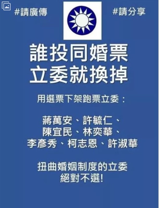 關於同婚專法的投票，國民黨內有七位立委投下贊成，消息一出引發討論，有反對派網友甚至在網上砲轟，明年用選票教訓他們。 圖：翻攝自臉書。