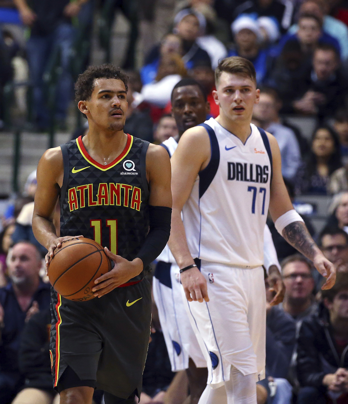 老鷹後衛 Trae Young(左)。 圖／美聯社／達志影像