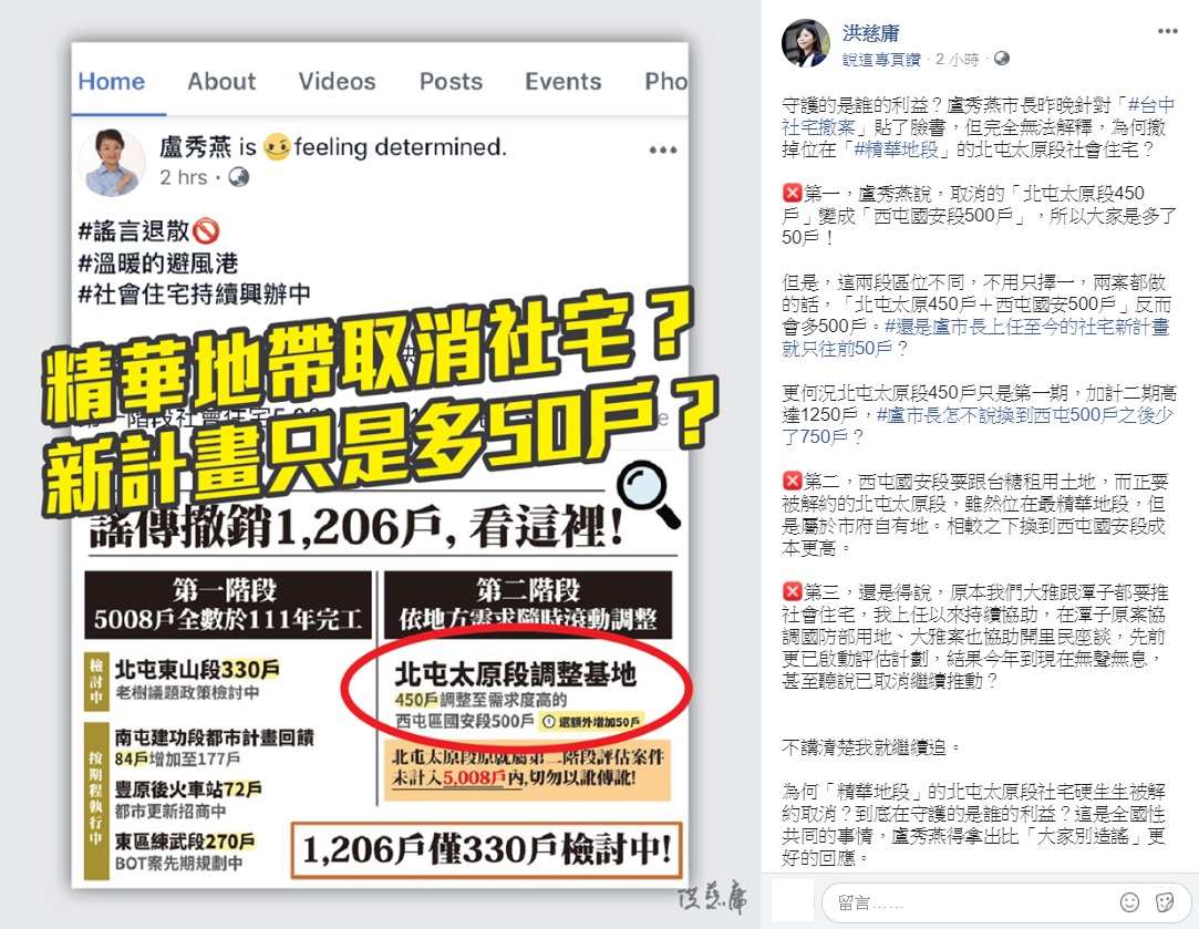 時代力量立委洪慈庸質疑，盧秀燕昨晚針對「台中社宅撤案」貼了臉書，但完全無法解釋，為何撤掉位在「精華地段」的北屯太原段社會住宅。 圖：翻攝自洪慈庸臉書