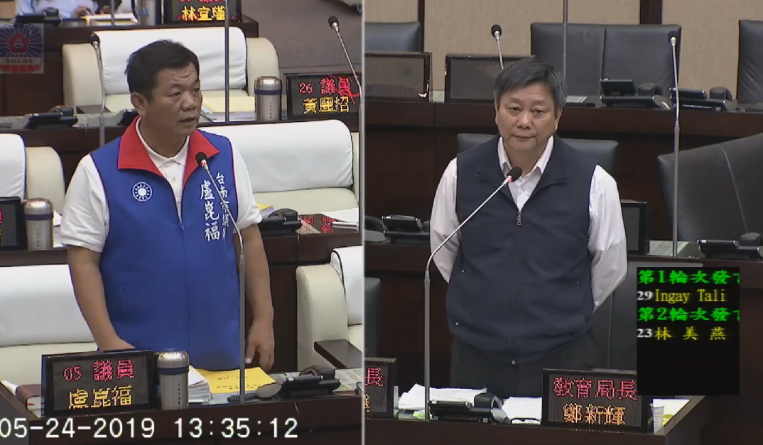 台南市議員盧崑福日前質詢台南市教育局長，提到家長擔心小孩的老師如果是同志怎麼辦？提出「開一個同性戀班」的想法。 圖：翻攝自台南新芽臉書
