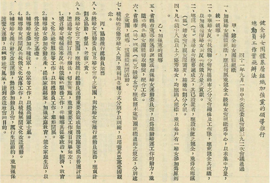 黨產會公布最新史料，國民黨曾在1950年代時通過「健全婦女團體基層組織加強黨的領導推行總動員工作實施辦法」，推動健全組織，加強發揮婦女「反共抗俄」的力量。 圖：翻攝自不當黨產處理委員會官網
