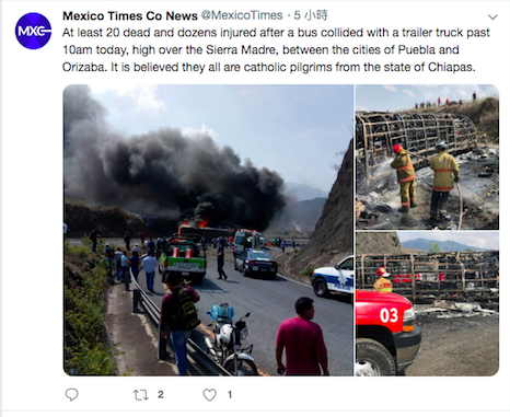 墨西哥一輛半掛式卡車和一輛巴士在墨國東部相撞後起火燃燒，造成至少21人死亡、30人受傷。 圖：擷取自Mexico Time