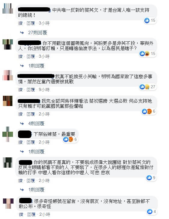 綠黨桃園市議員王浩宇於臉書分享了吳祥輝支持「拉下小英比消滅國民黨重要」的截圖後，自己的貼文底下也掀起了英粉與賴粉「帳號」之間的論戰。 圖 : 翻攝自王浩宇臉書