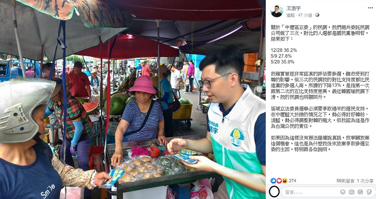 王浩宇指出，區域立法委員選舉必須要爭取過半的選民支持，但中壢藍大於綠，自己勢必得討好韓粉、淺藍，得調整對韓國瑜的砲火，但他認為這是作為台灣公民的責任。如果因為這樣沒有辦法繼續說真話，他寧願放棄這個機會。 圖：翻攝自王浩宇臉書。