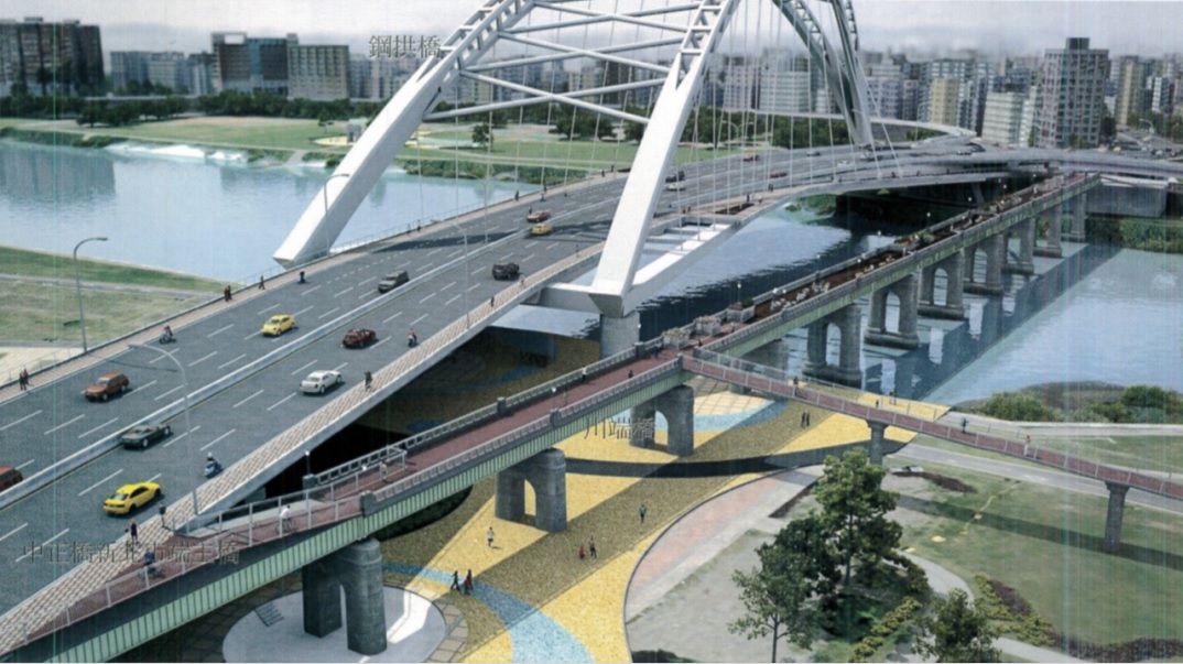 中正橋將改建成鋼拱橋，下方的川端橋將保留作為行人、單車通行至高灘地；圖為中正橋新北市端主橋模擬示意圖。 圖：新北市工務局提供