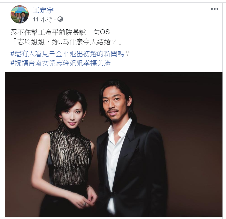 為王金平抱屈 王定宇：志玲姐姐，妳…為什麼今天結婚？