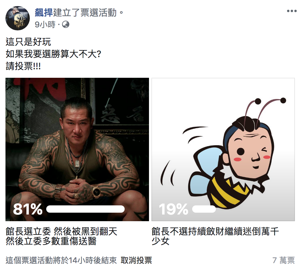 陳之漢發起投票活動。 圖：翻攝飆捍臉書