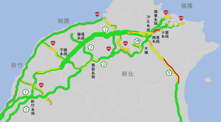 國5北上路段並未如預測所說由早上開始雍塞，而是從午後開始。 圖：取自高速公路1968即時路況網