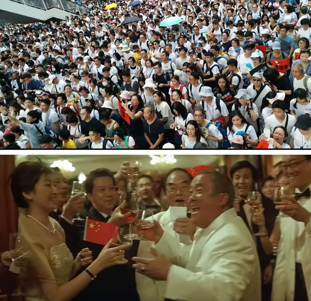 香港「反送中」大遊行在昨日登場，現場聚集上萬人集結抗議。而作家顏擇雅今日在臉書上分享電影無間道2的片段，呈現出1997年港人歡慶解放軍進入香港的影片，將兩者做出對比。 圖：翻攝自youtube
