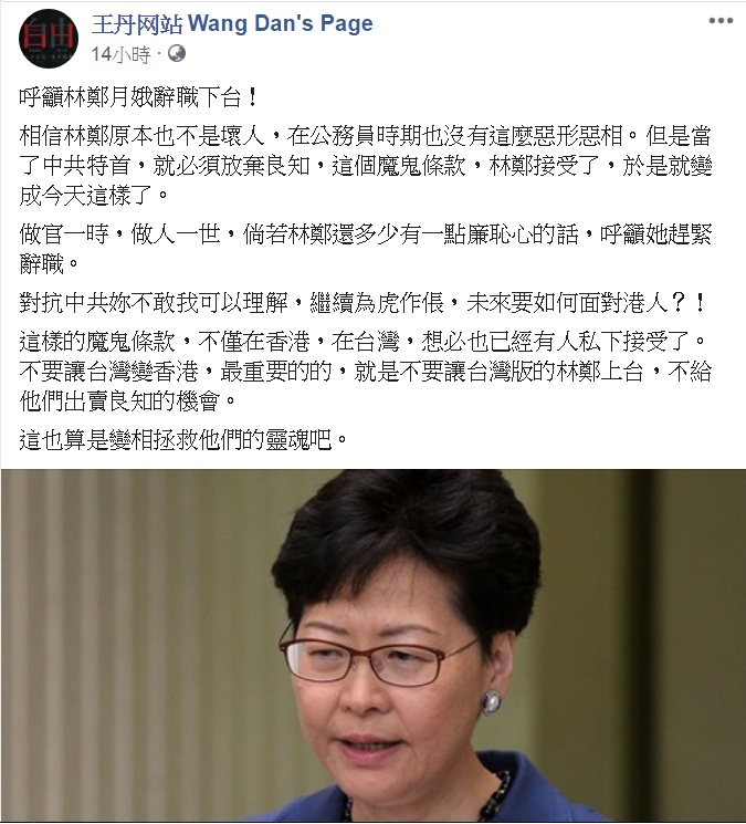 知名民運人士王丹臉書發文「呼籲林鄭月娥辭職下台」。 圖：翻攝王丹网站 Wang Dan's Page臉書