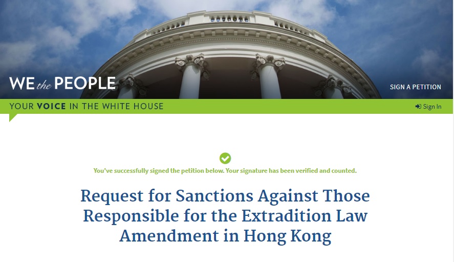 港人在美國白宮「We the People」網站連署，呼籲美國政府制裁「逃犯條例」相關負責人。 圖：翻攝自「We the People」網站