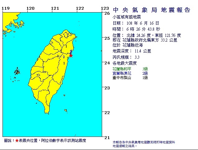 花蓮今早6：26發生規模3.3地震。 圖/中央氣象局地震觀測網