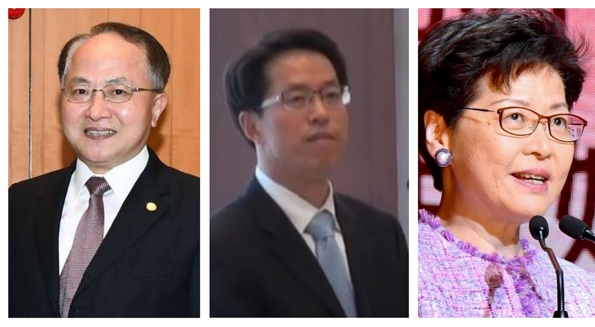 香港中聯辦主任由駱惠寧（中）接替王志民（左）。香港特首林鄭月娥說，十分感謝王志民堅定支持特區政府「遏止暴力」。 圖：新頭殼製作