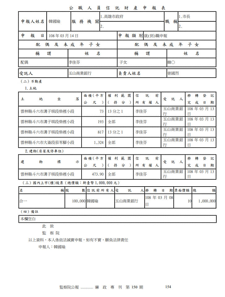 韓國瑜公職人員信託財產申報表。 圖：翻攝黃光芹臉書